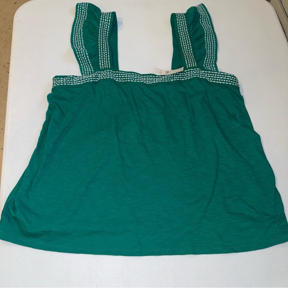 LOFT Knit Top Large Green White Contrast‎ Stitch 100% Cotton Flutter Sleeve New